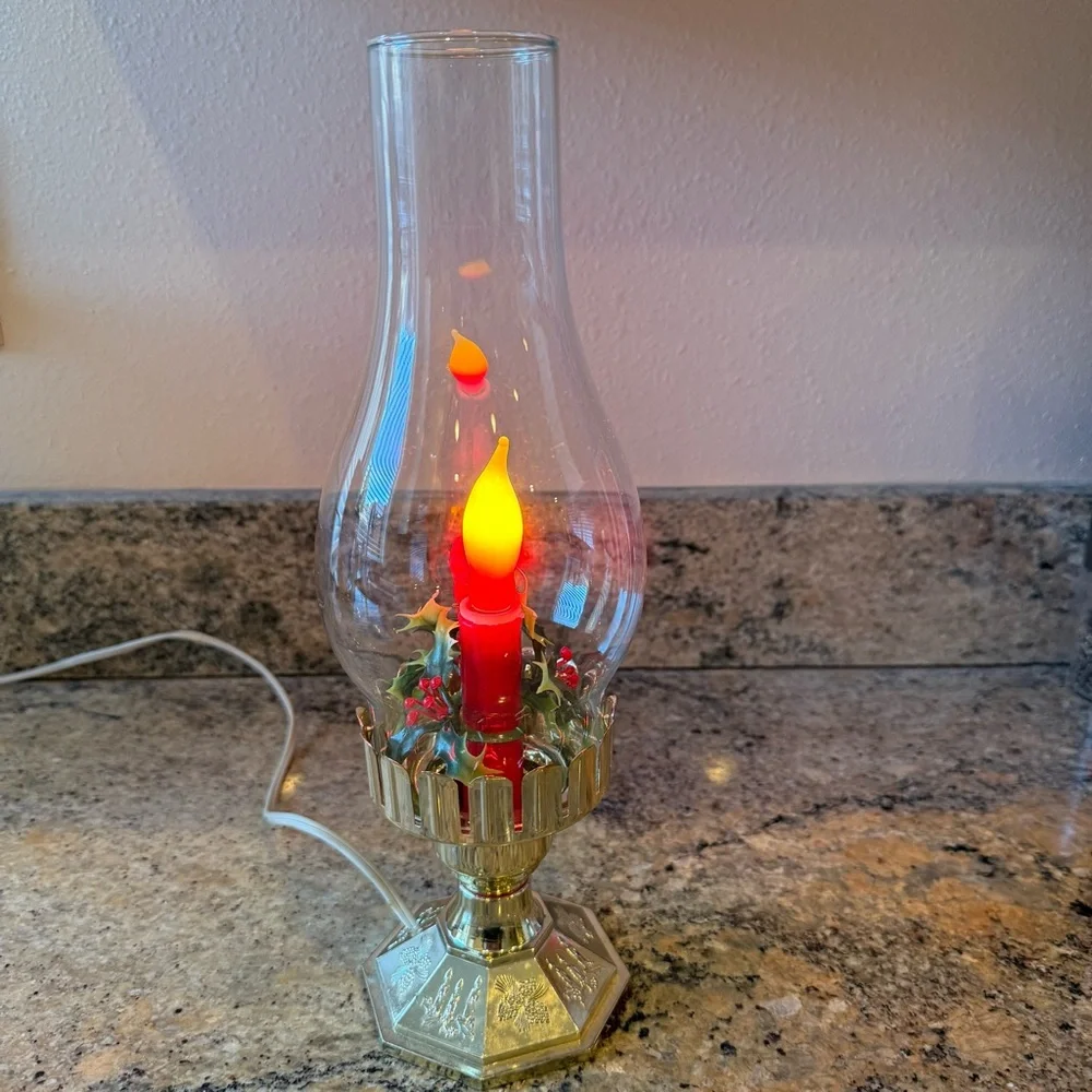 Vintage ACLA Electric Christmas Hurricane Candle Lamp with Holly.